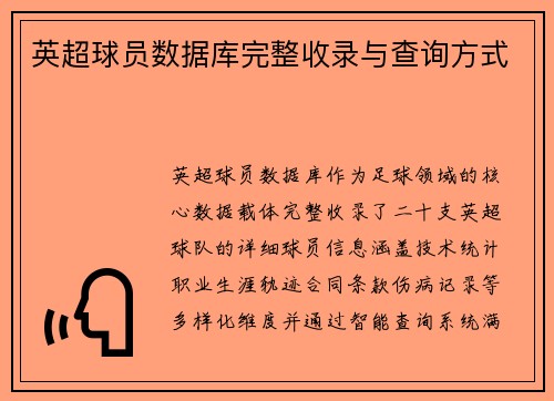 英超球员数据库完整收录与查询方式